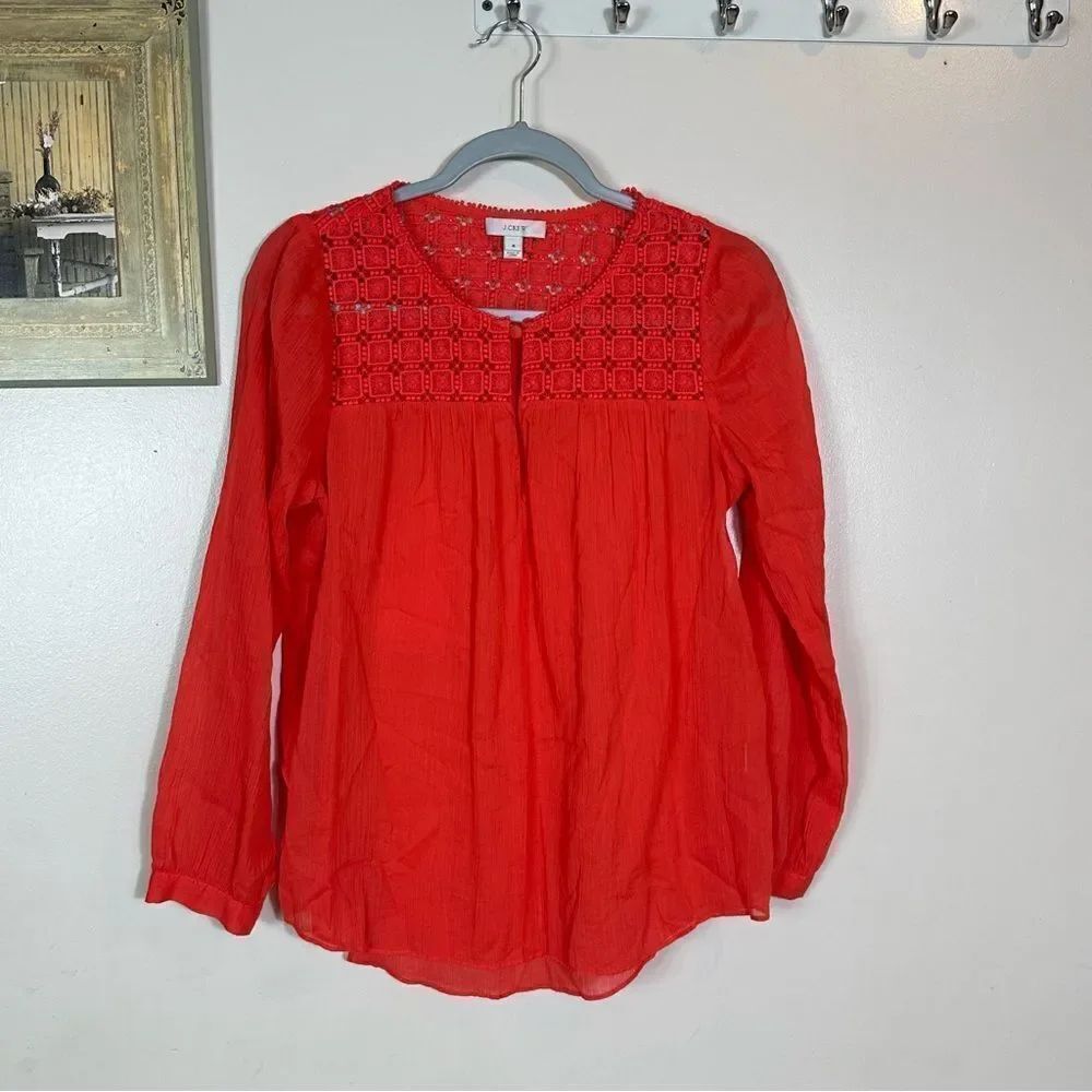 J. Crew Red Pleated Long Sleeve Blouse with Bib Collar